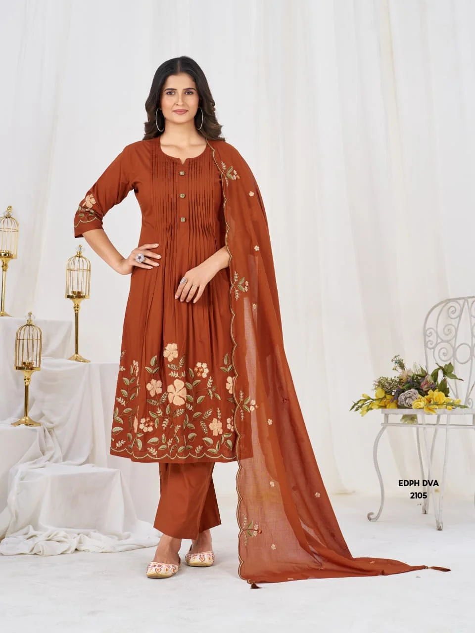 VARAMYA Women's Pure Cotton Pintuck Detailing Kurta Set with Dupatta.